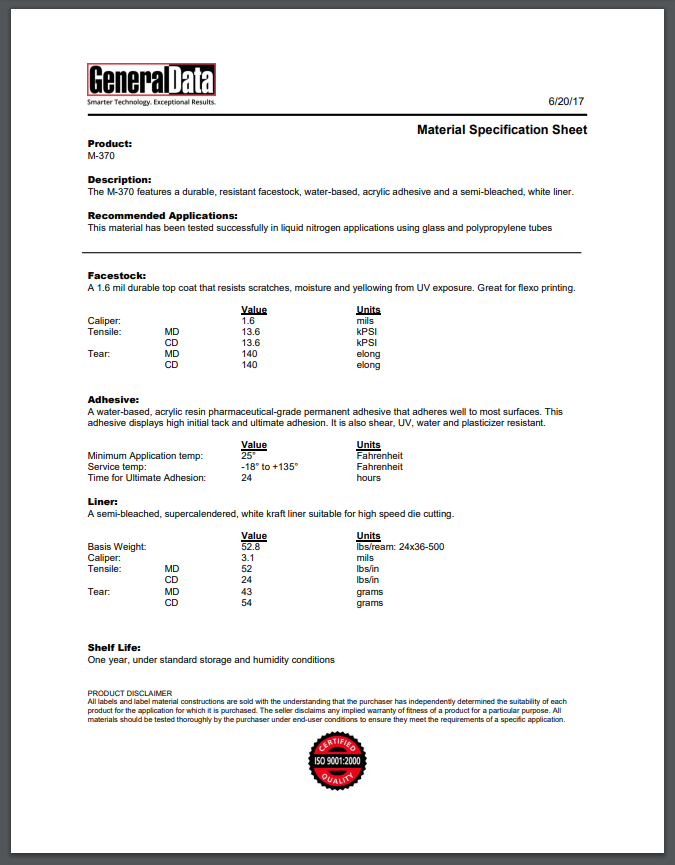 M-370 Material Specification Sheet