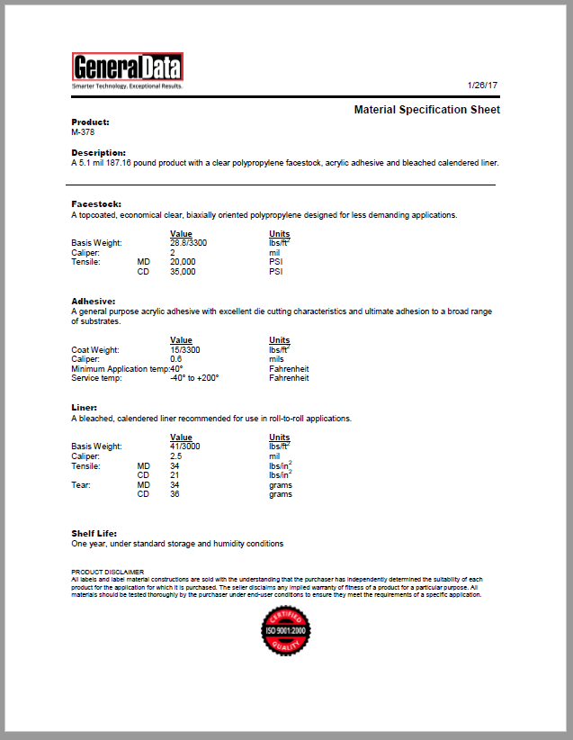 M-378 Material Specification Sheet