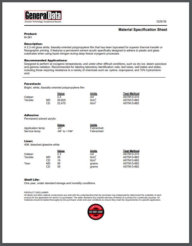 M-381 Material Specification Sheet