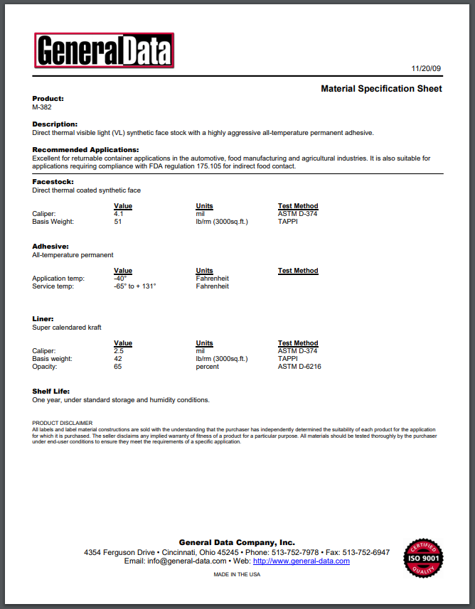 M-382 Material Specification Sheet