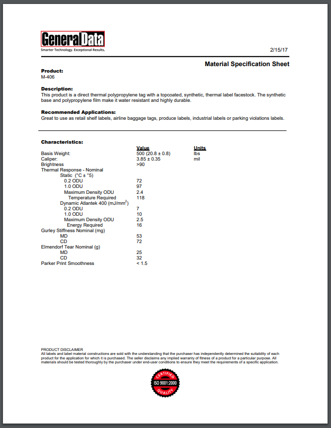 M-406 Material Specification Sheet