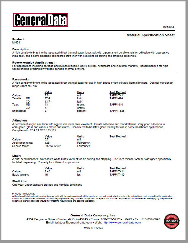 M-408 Material Specification Sheet