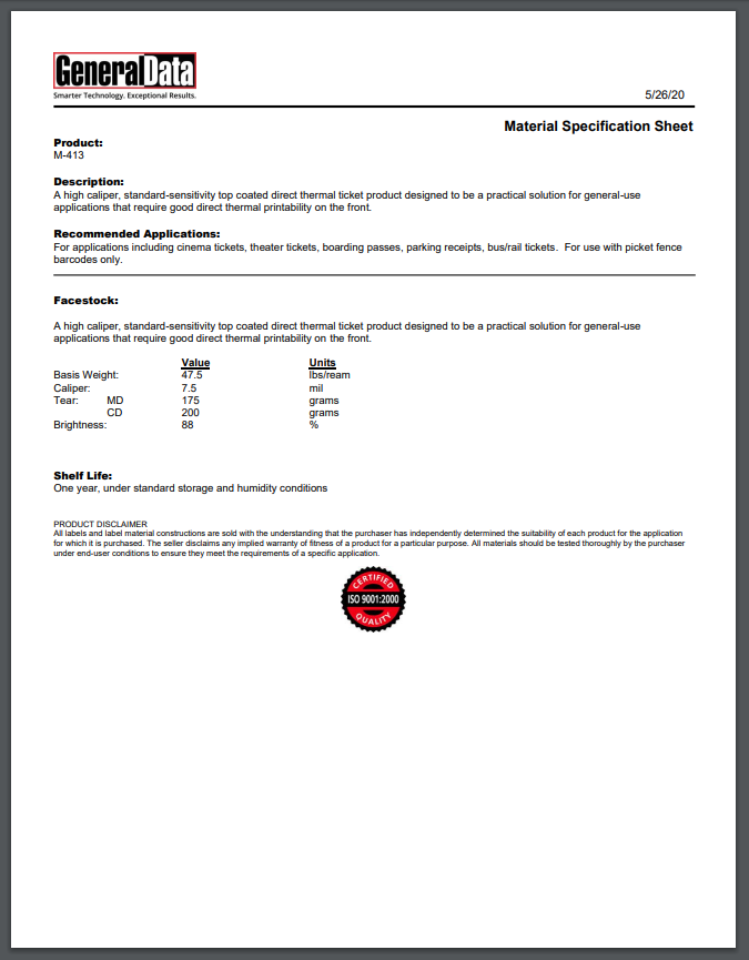 M-413 Material Specification Sheet