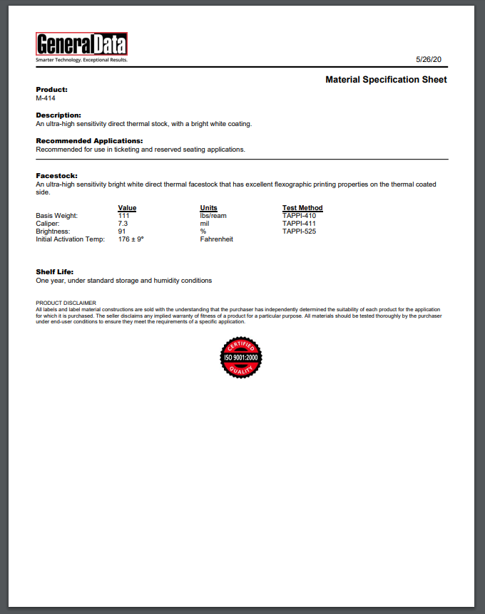 M-414 Material Specification Sheet