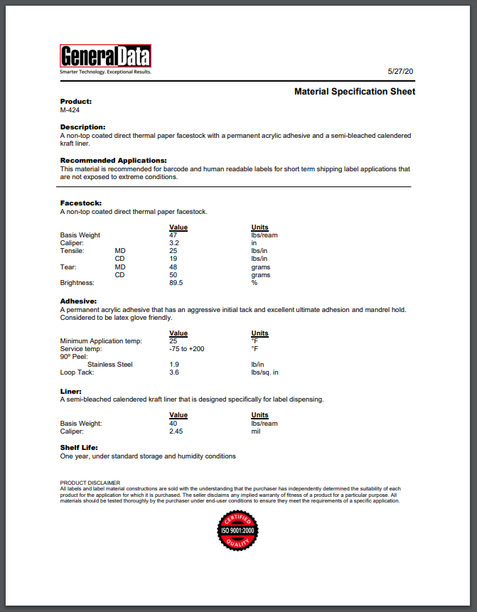 M-424 Material Specification Sheet