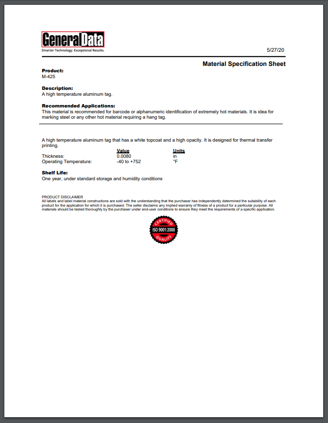 M-425 Material Specification Sheet