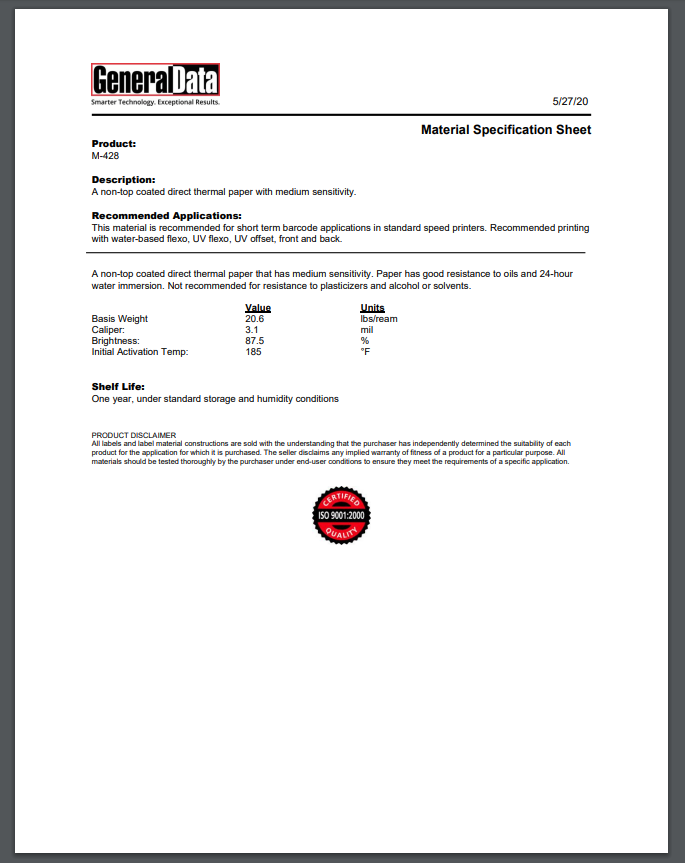 M-428 Material Specification Sheet