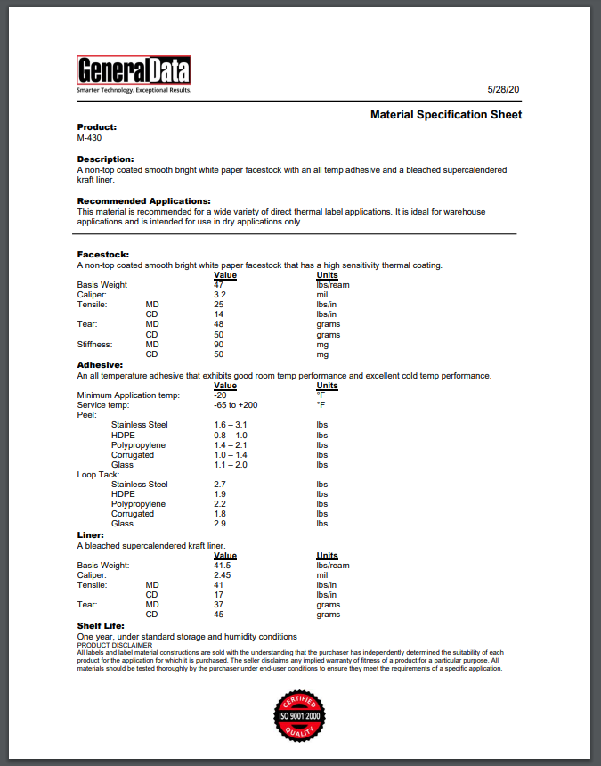 M-430 Material Specification Sheet