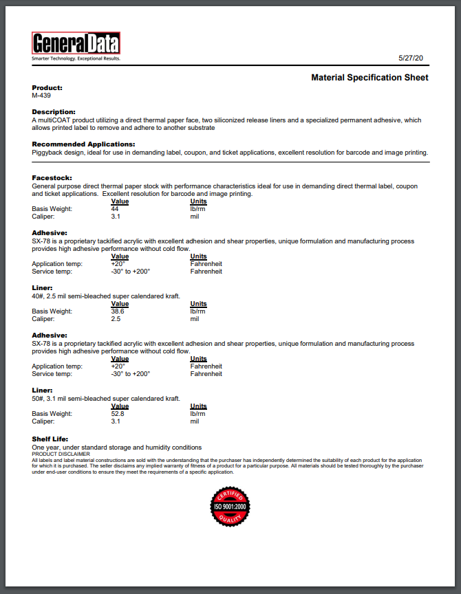 M-439 Material Specification Sheet
