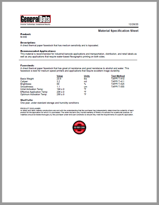 M-440 Material Specification Sheet