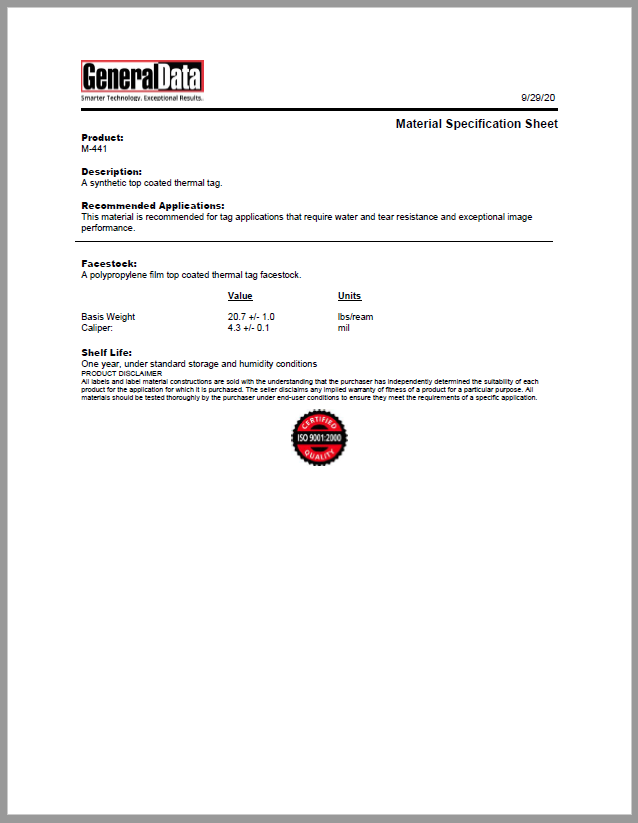 M-441 Material Specification Sheet