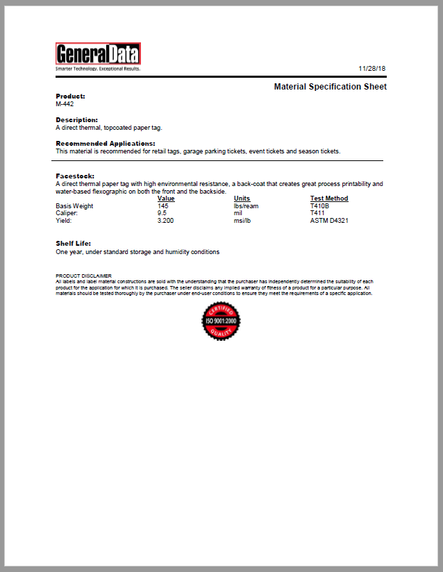 M-442 Material Specification Sheet