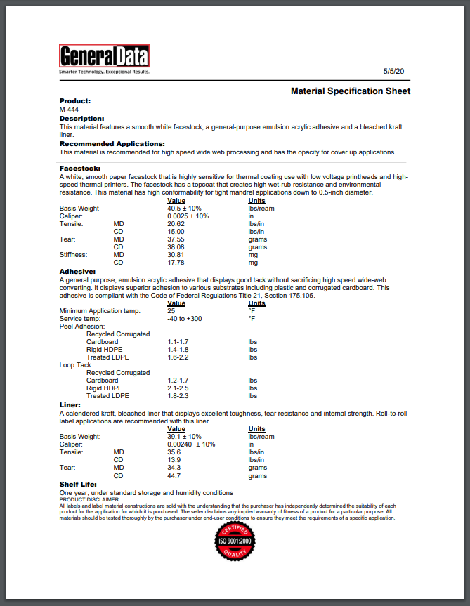 M-444 Material Specification Sheet