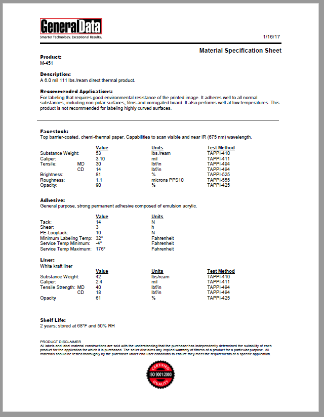 M-451 Material Specification Sheet