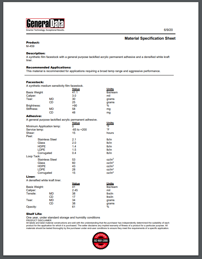 M-459 Material Specification Sheet