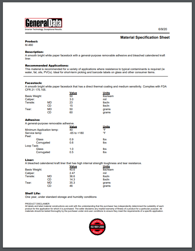 M-460 Material Specification Sheet