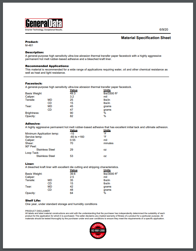 M-461 Material Specification Sheet