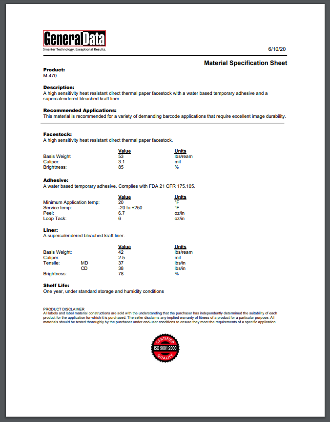 M-470 Material Specification Sheet
