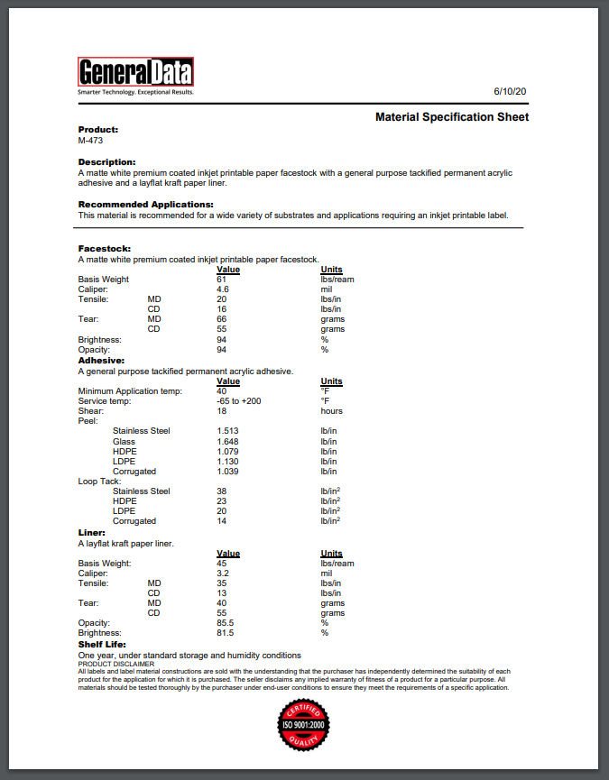 M-473 Material Specification Sheet