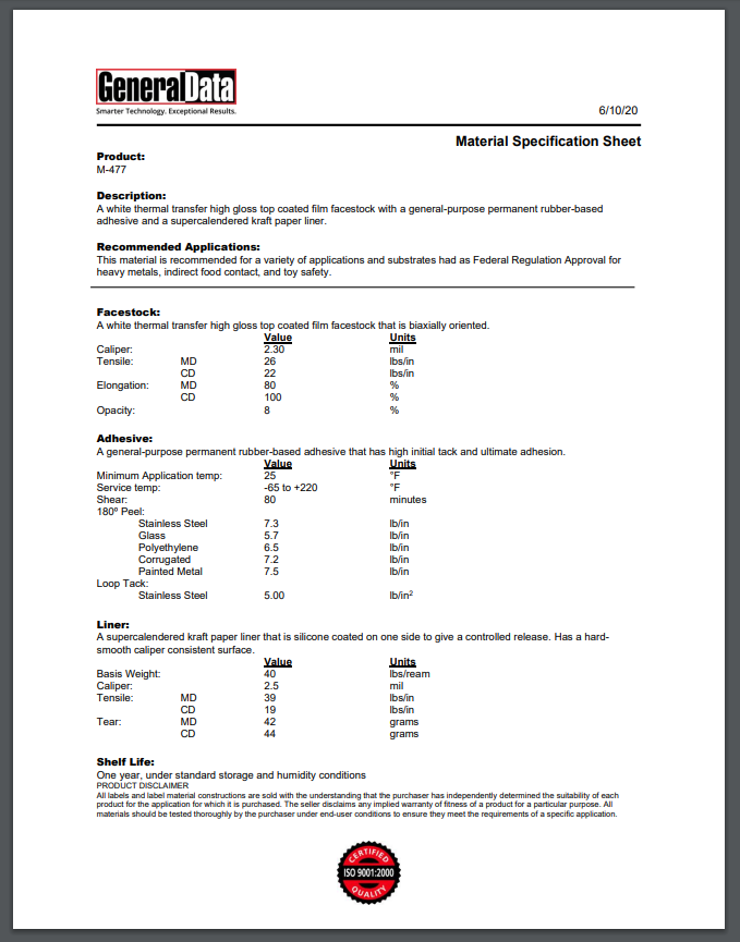 M-477 Material Specification Sheet