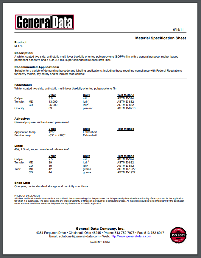 M-478 Material Specification Sheet