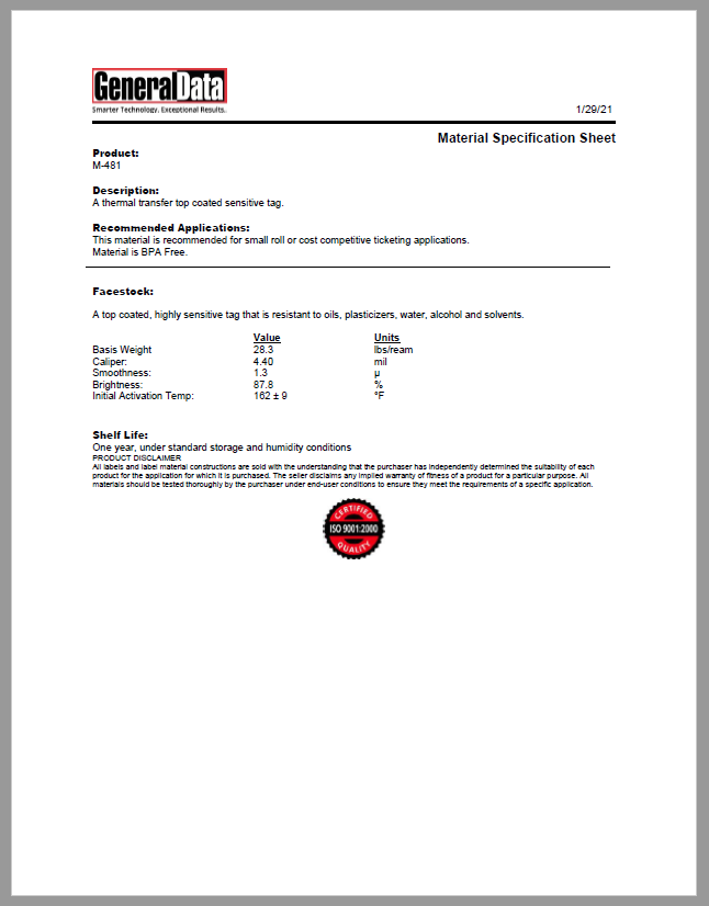 M-481 Material Specification Sheet