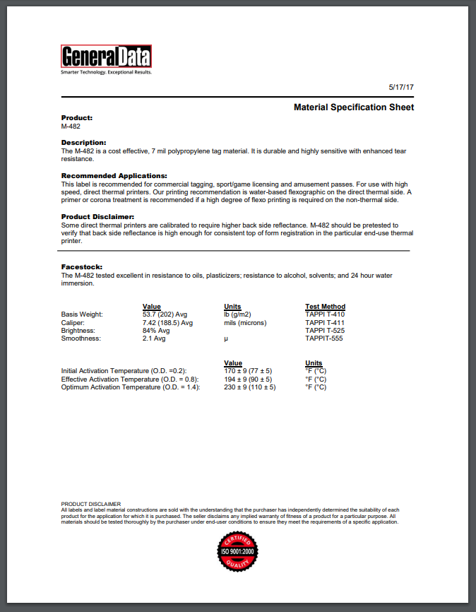 M-482 Material Specification Sheet