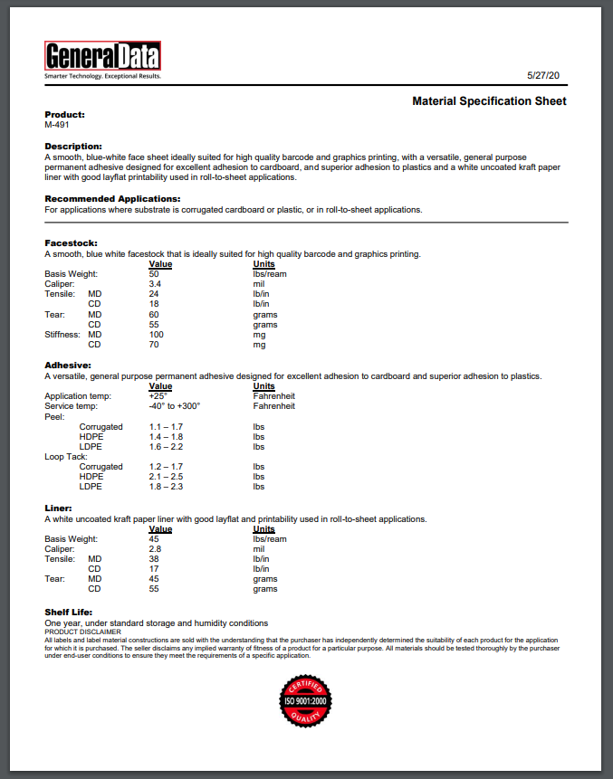 M-491 Material Specification Sheet