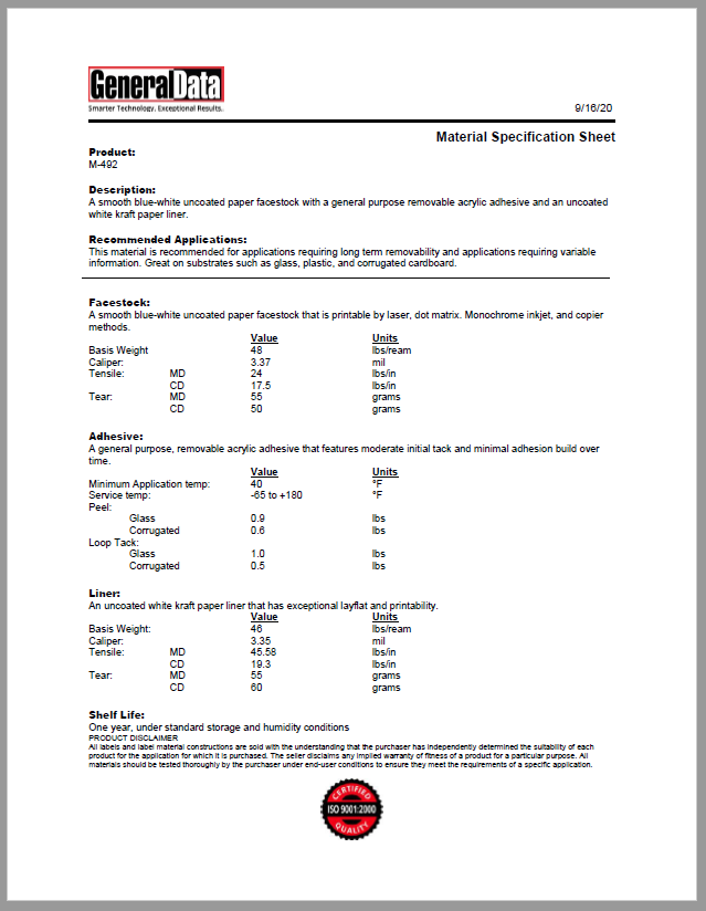 M-492 Material Specification Sheet