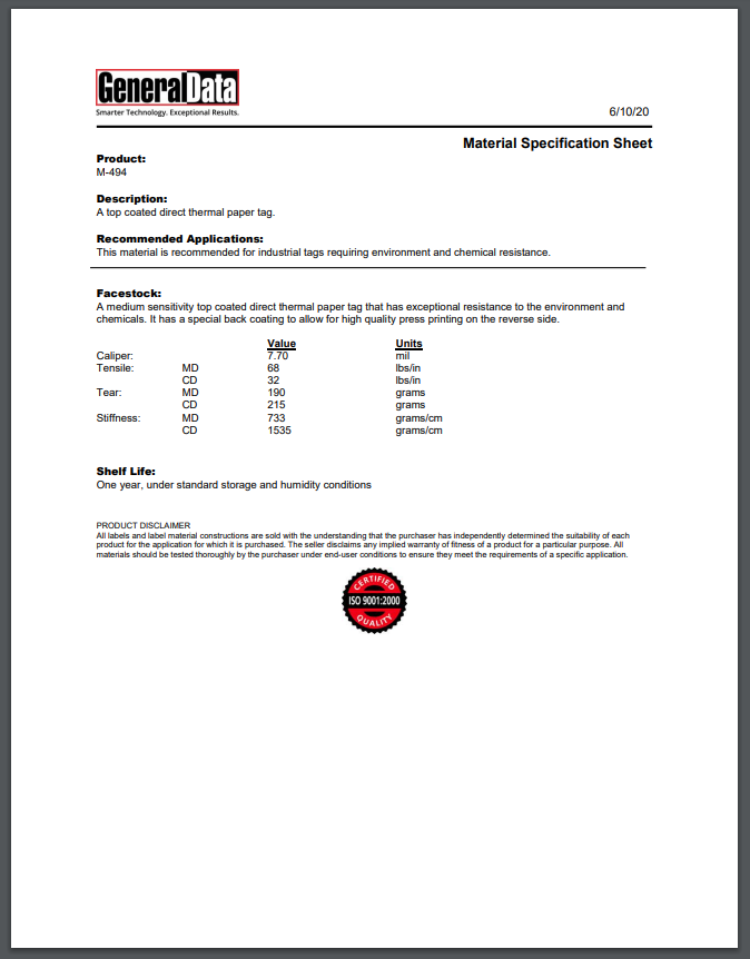 M-494 Material Specification Sheet