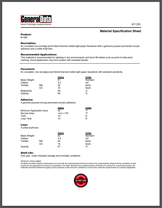 M-499 Material Specification Sheet