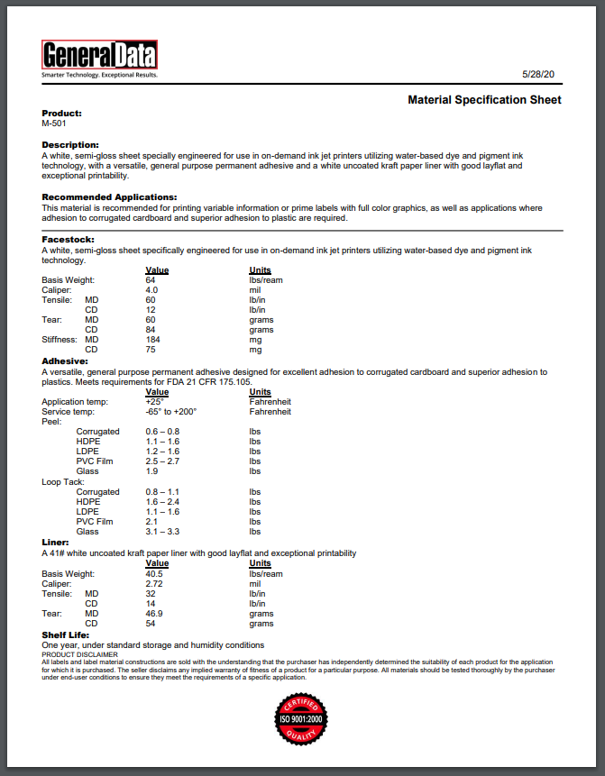 M-501 Material Specification Sheet