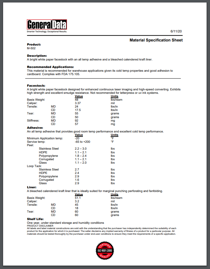 M-502 Material Specification Sheet