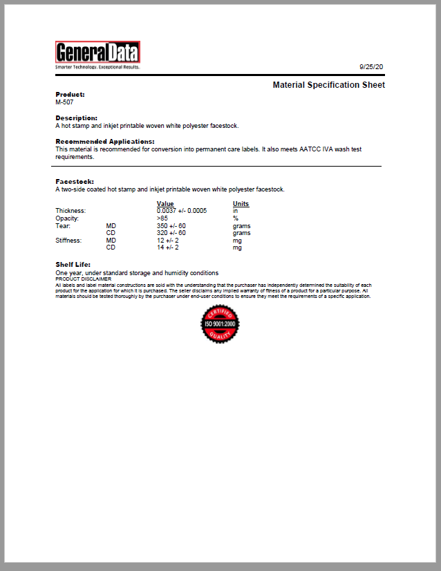 M-507 Material Specification Sheet