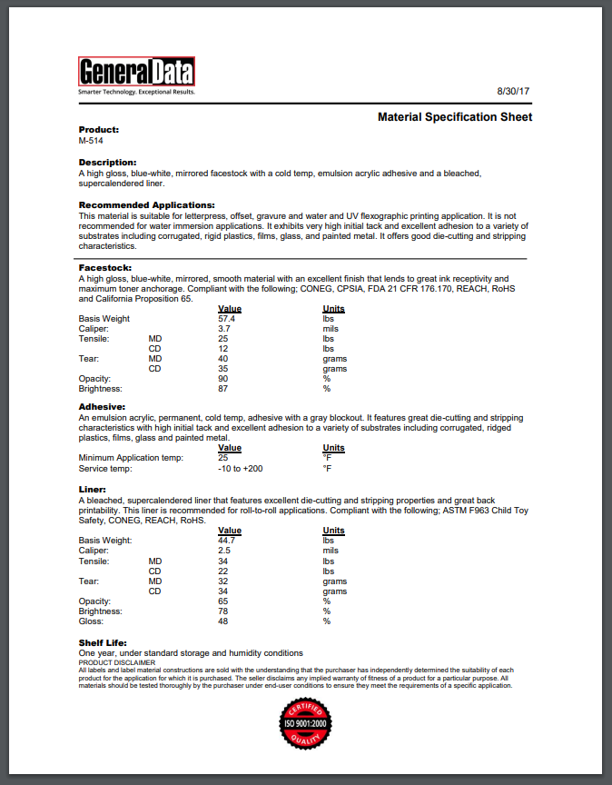 M-514 Material Specification Sheet