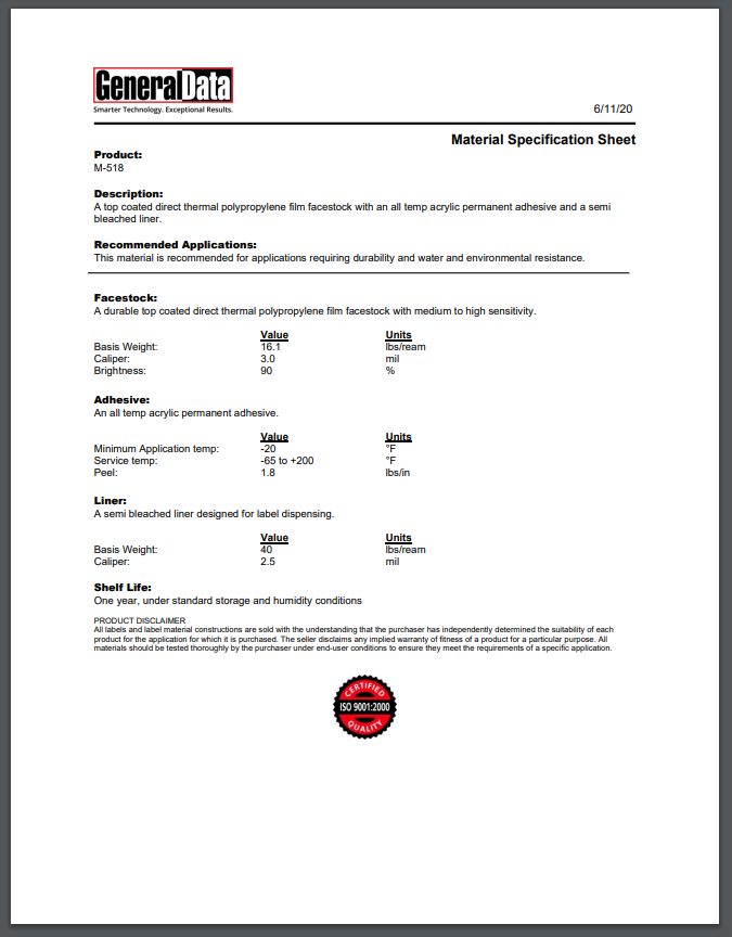 M-518 Material Specification Sheet