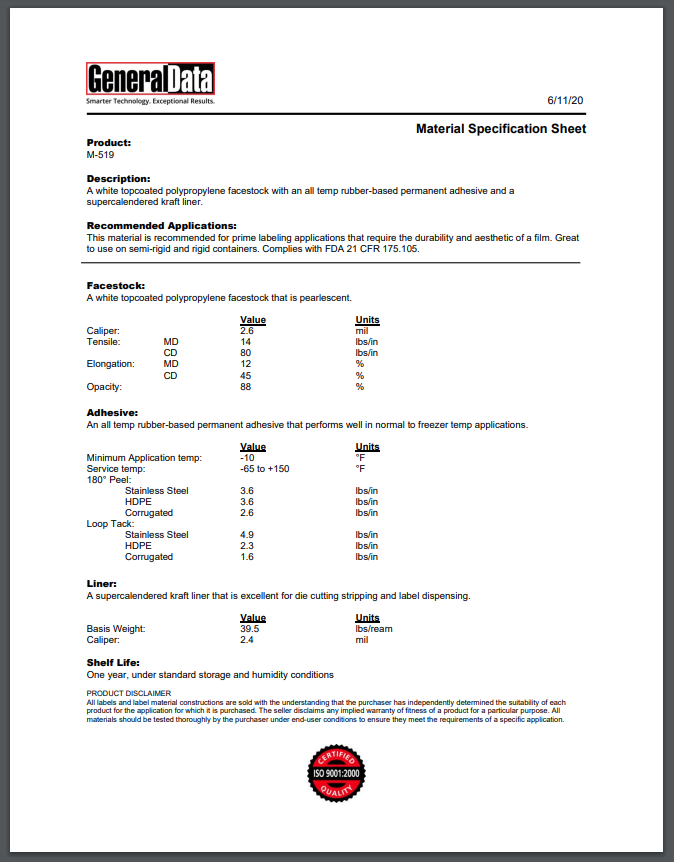 M-519 Material Specification Sheet