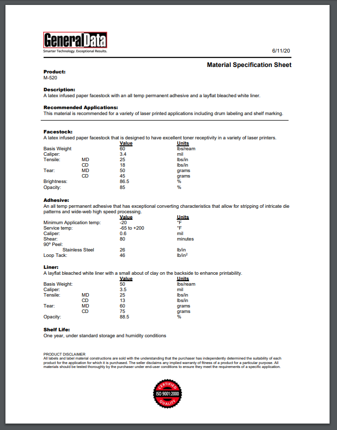 M-520 Material Specification Sheet