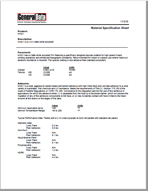 M-521 Material Specification Sheet