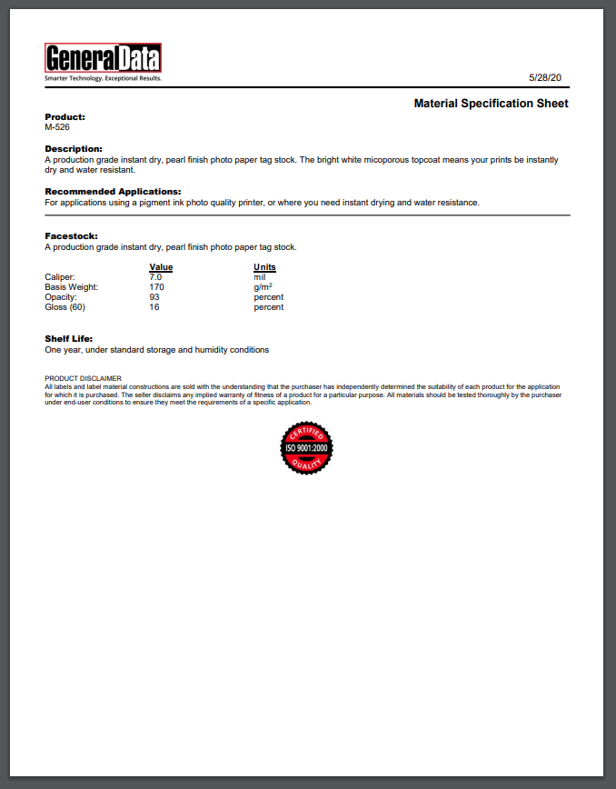 M-526 Material Specification Sheet