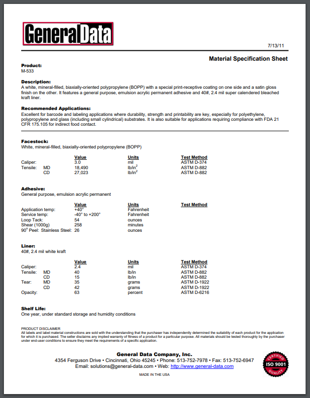 M-533 Material Specification Sheet