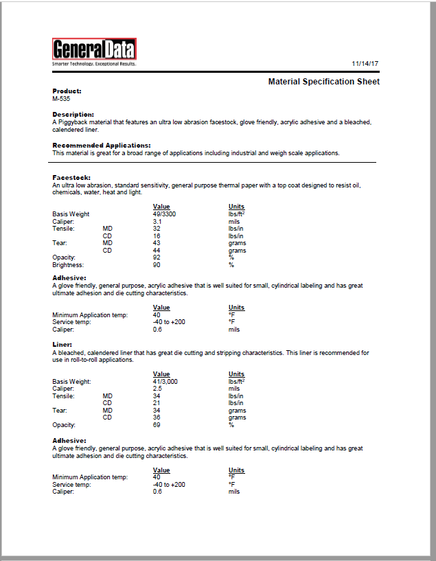 M-535 Material Specification Sheet