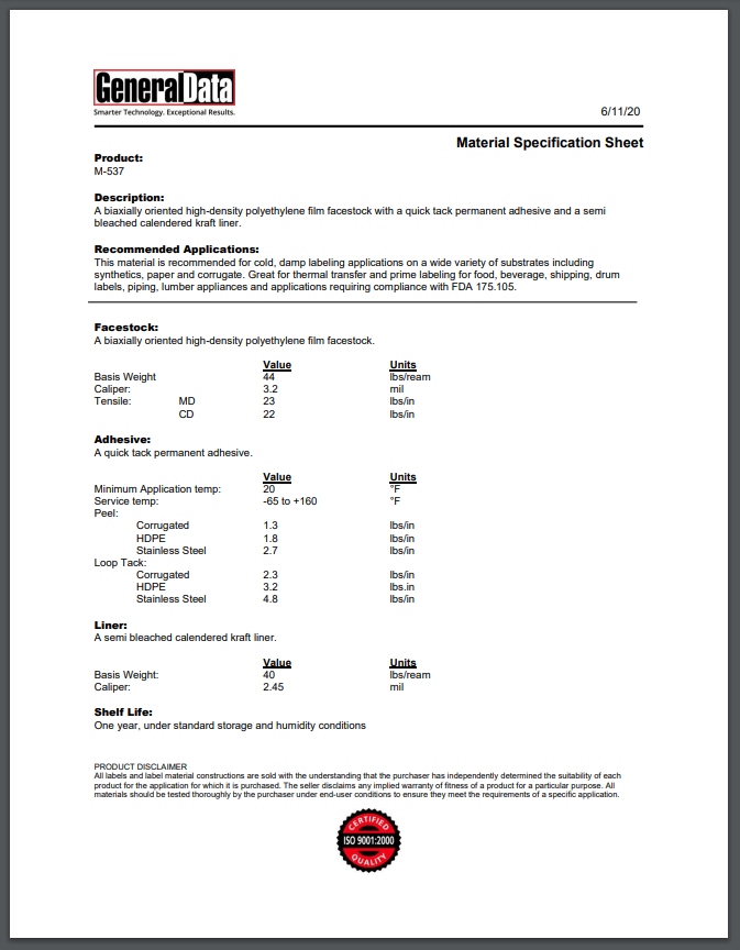 M-537 Material Specification Sheet