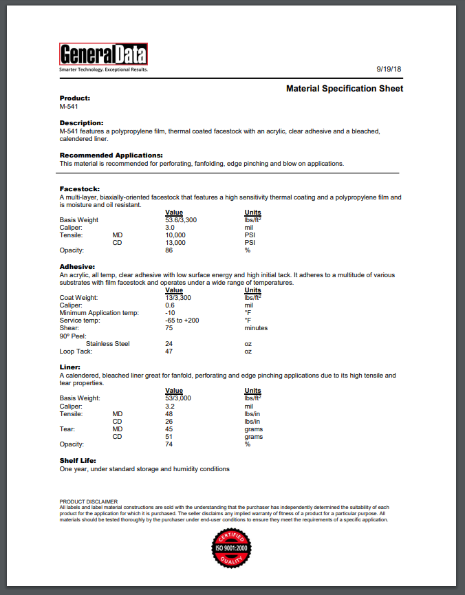 M-541 Material Specification Sheet