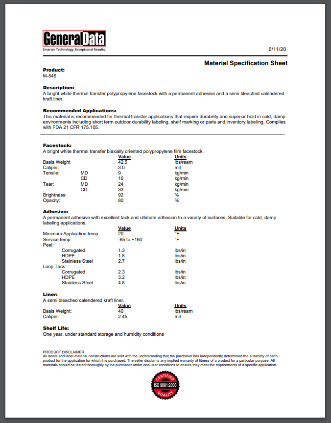 M-546 Material Specification Sheet