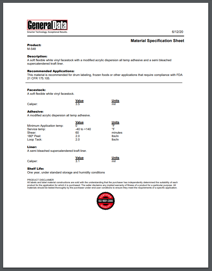 M-548 Material Specification Sheet