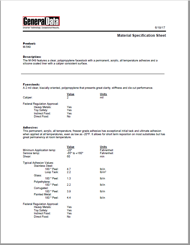 M-549 Material Specification Sheet