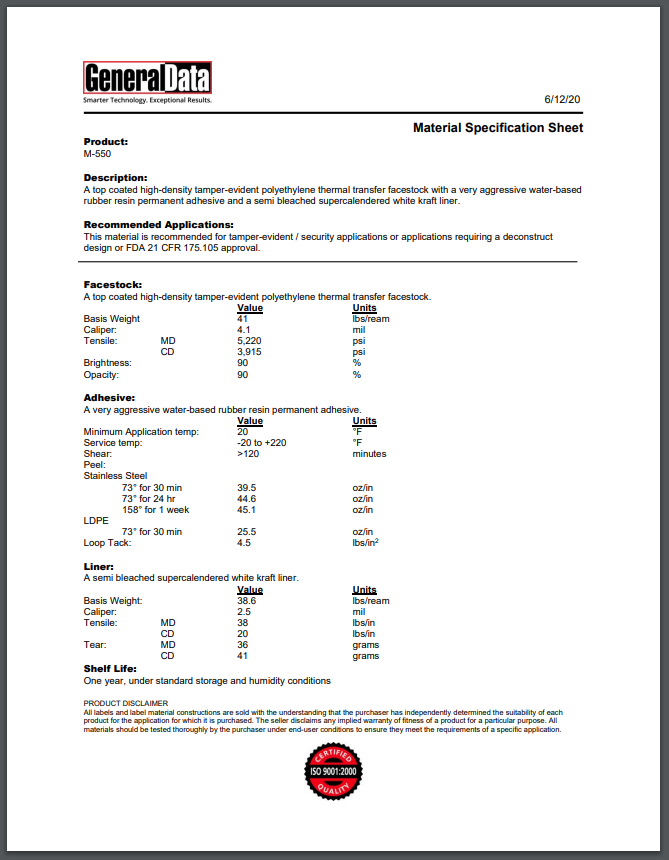 M-550 Material Specification Sheet