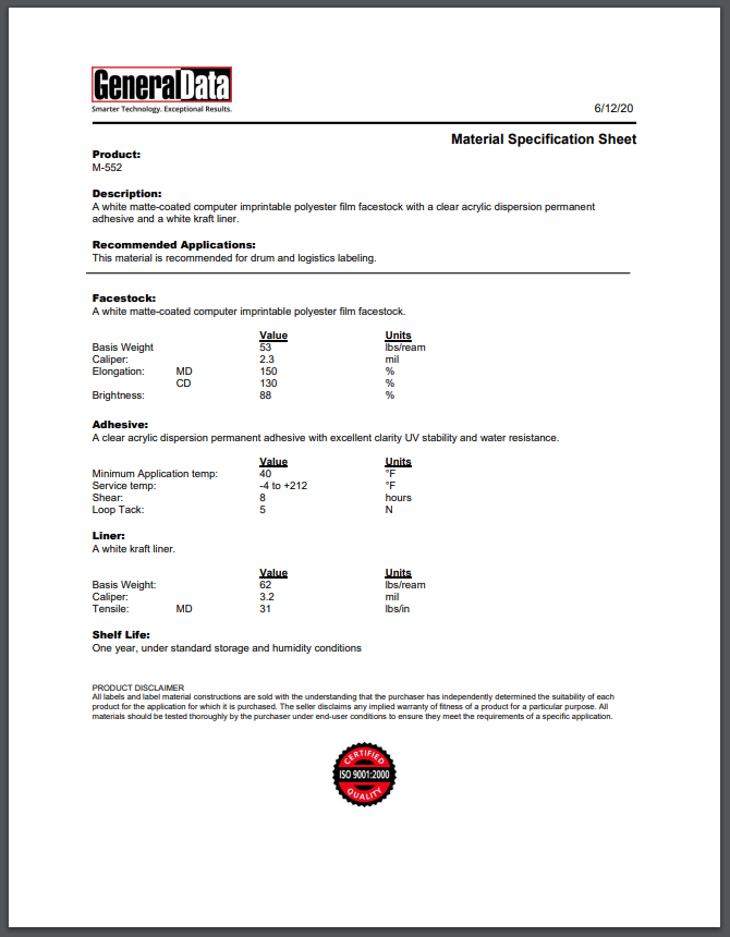 M-552 Material Specification Sheet