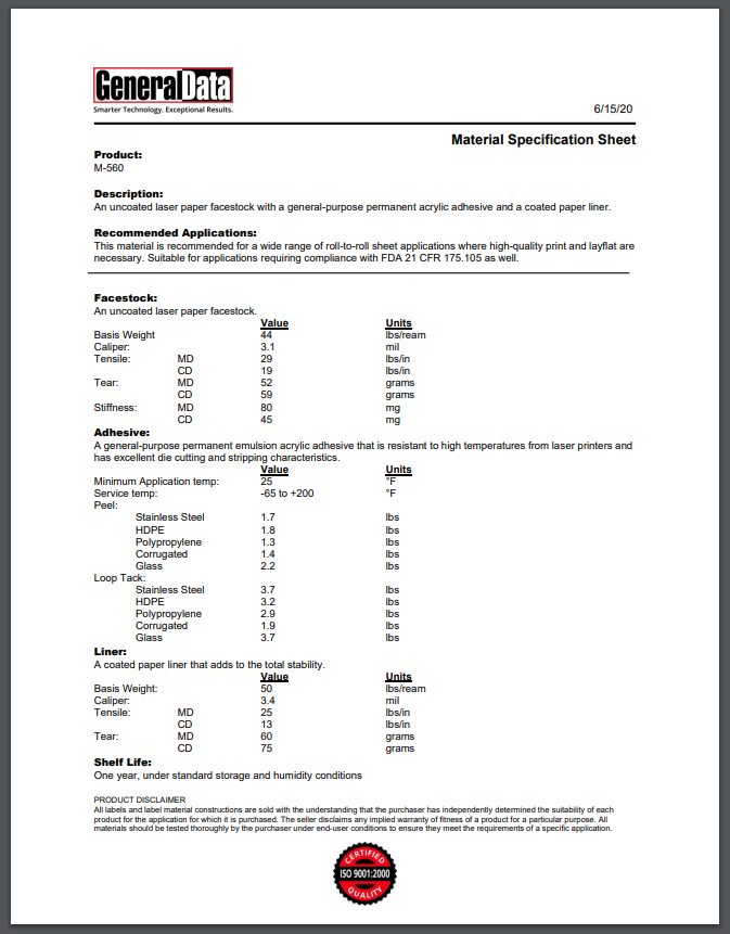 M-560 Material Specification Sheet